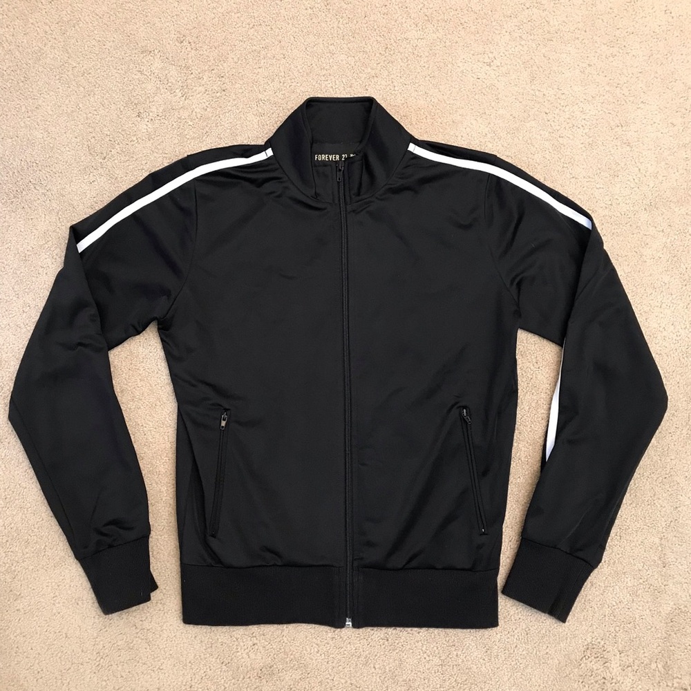 Forever 21 Sport Luxe Track Jacket Size M Black White Stripe Zip Up Outdoor